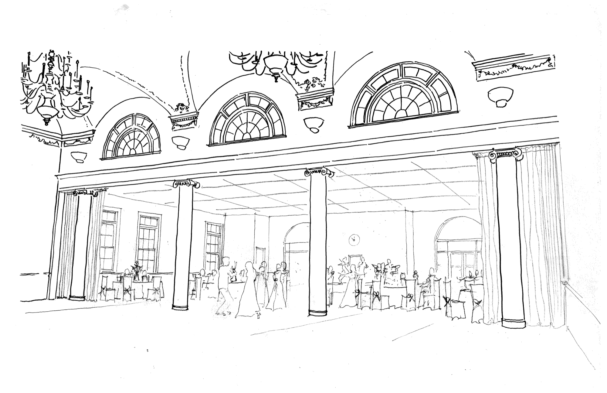 Architectural sketch of an elegant reception hall
